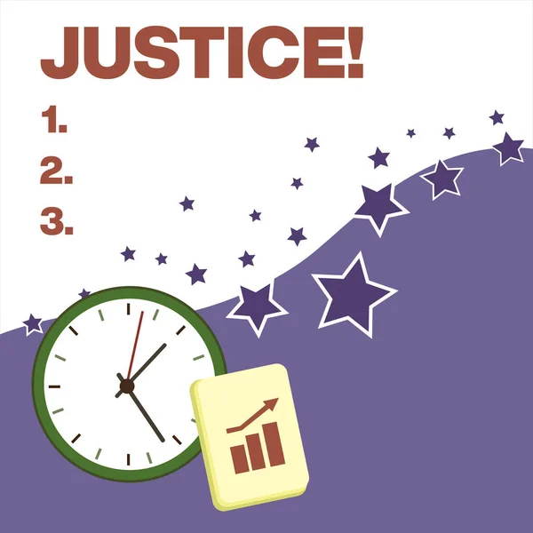 Text sign showing Justice. Conceptual photo impartial adjustment of conflicting claims or assignments Layout Wall Clock Notepad with Escalating Bar Graph and Arrow Pointing Up. — Stock Photo, Image