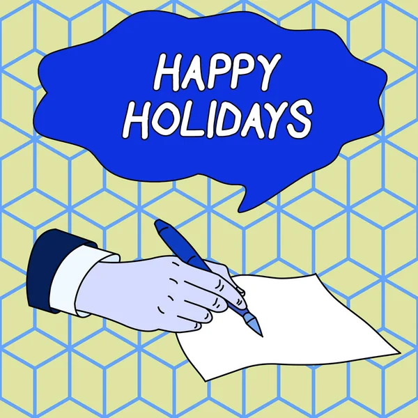 Text sign showing Happy Holidays. Conceptual photo Made a short journey by a group of showing for pleasure Male Hand Formal Suit Holding Ballpoint Pen Blank Piece of Paper Writing. — Stock Photo, Image