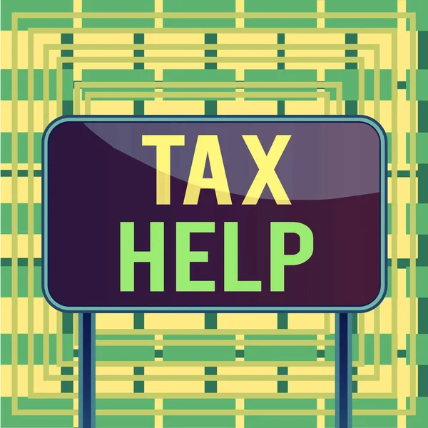 Text sign showing Tax Help. Conceptual photo Assistance from the compulsory contribution to the state revenue Board ground metallic pole empty panel plank colorful backgound attached.