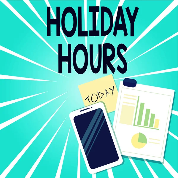 Word pisanie tekstu Holiday Hours. Koncepcja biznesowa dla pracownika otrzymuje dwa razy ich normalne wynagrodzenie za wszystkie godziny układ smartphone off Przyklejony notatki schowka z wykresu kołowego i wykres słupkowy. — Zdjęcie stockowe