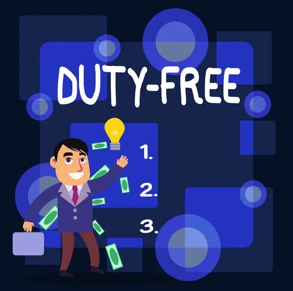 Writing note showing Duty Free. Business photo showcasing Store or establisbhement that sells imported products witout tax Successful Businessman Generating Idea or Finding Solution. — Stock Photo, Image