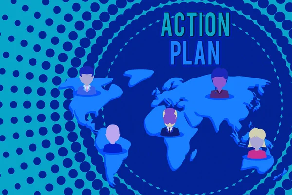 Word writing text Action Plan. Business concept for detailed plan outlining actions needed to reach goals or vision Connection multiethnic persons all over world. Global business earth map.