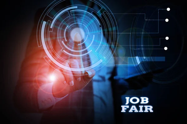 Word writing text Job Fair. Business concept for An event where a demonstrating can apply for a job in multiple companies Woman wear formal work suit presenting presentation using smart device.