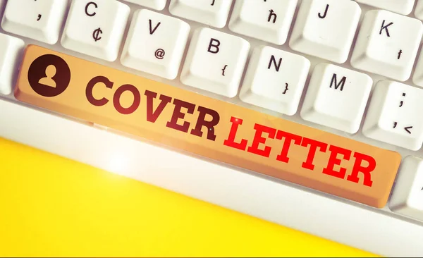 Text sign showing Cover Letter. Conceptual photo document explaining the applicant s is credentials and interest White pc keyboard with empty note paper above white background key copy space.