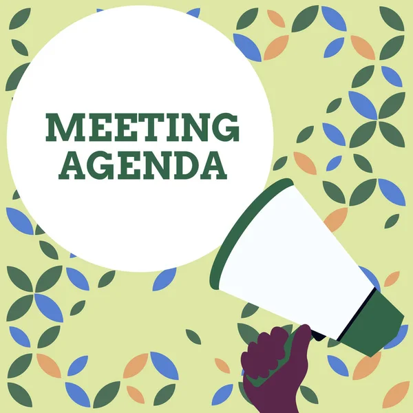 Word writing text Meeting Agenda. Business concept for An agenda sets clear expectations for what needs to a meeting Hand Holding Loudhailer Empty Round Speech Text Balloon Announcement New. — Stock Photo, Image