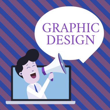 Grafik Tasarım yazma el yazısı metin. Kavram anlamı sanat veya reklam metin ve resimleri birleştirerek beceri Man Loudhailer Boş Konuşma Bubble Announce içine Laptop aracılığıyla Konuşma.