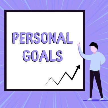 Kelime yazma metni Kişisel Hedefler. Hedef için Iş konsepti çabalarını etkilemek için bir gösteri tarafından belirlenen Motivasyon Görünümü genç adam boş dikdörtgen Geometrik arka plan kadar işaret ayakta.