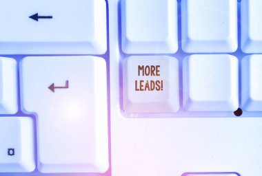 Kelime yazma metni Daha Fazla Müşteri Adayı. Ürün veya hizmetlere başlatma tüketici faiz sorgulama için iş konsepti Beyaz pc klavye beyaz arka plan anahtar kopyalama alanı üzerinde boş not kağıdı ile.
