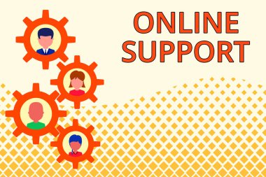 Kelime yazma metni Online Destek. Onların şikayet elektronik etkileşim Gearshaped resim çerçeve aile süs anne baba kız oğlu fotoğraf için Destek müşteriler için İş konsepti.