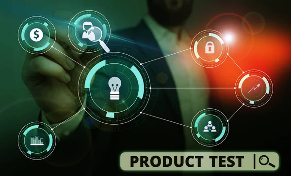 Word writing text Product Test. Business concept for process of measuring the properties or perforanalysisce of products Male human wear formal work suit presenting presentation using smart device.