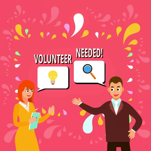 Writing note showing Volunteer Needed. Business photo showcasing asking demonstrating to work for organization without being paid Business Partners Colleague Jointly Seeking Problem Solution. — Stock Photo, Image