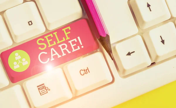 Text sign showing Self Care. Conceptual photo practice of taking action preserve or improve ones own health White pc keyboard with empty note paper above white background key copy space. — Stock Photo, Image