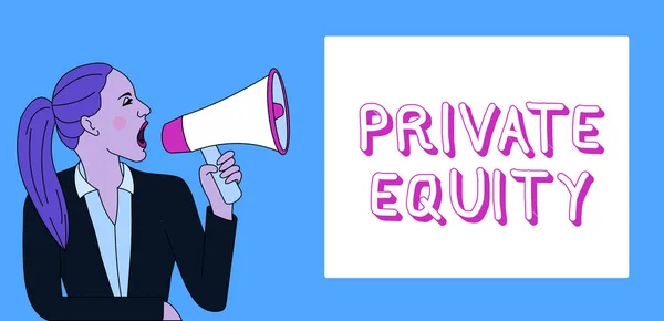 Writing note showing Private Equity. Business photo showcasing Capital that is not listed on a public exchange Investments Woman Jacket Ponytail Shouting into Loudhailer Rectangular Box.