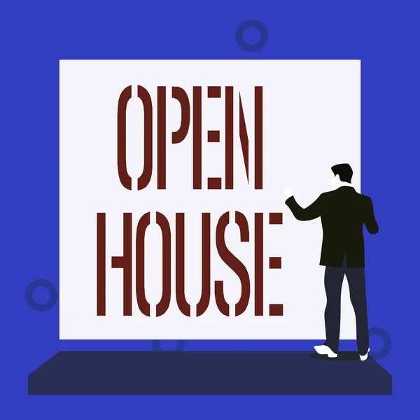 Handwriting text writing Open House. Concept meaning you can come whatever whenever want Make yourself at home Back view young man dressed suit standing platform facing blank rectangle.