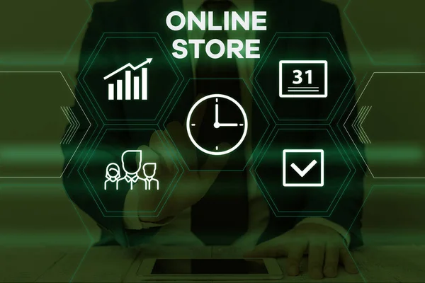 Text sign showing Online Store. Conceptual photo A website that offers items for sale and accepts credit cards Male human wear formal work suit presenting presentation using smart device.