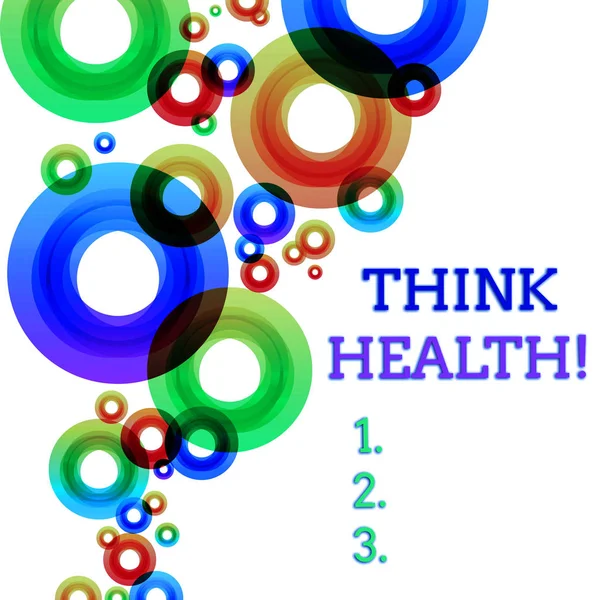 Word writing text Think Health. Business concept for state of complete physical mental and social well being Vibrant Multicolored Circles Disks of Different Sizes Overlapping Isolated. — Stock Photo, Image
