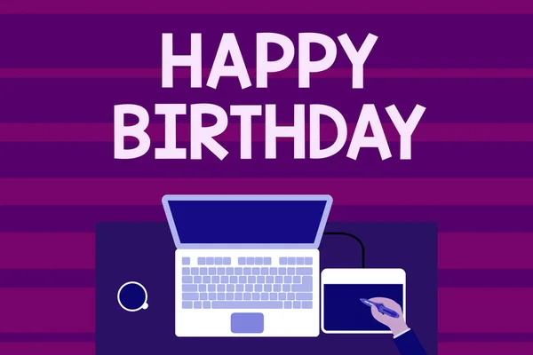 Text sign showing Happy Birthday. Conceptual photo The birth anniversary of a demonstrating is celebrated with presents Upper view laptop wooden desk worker drawing tablet coffee cup office.