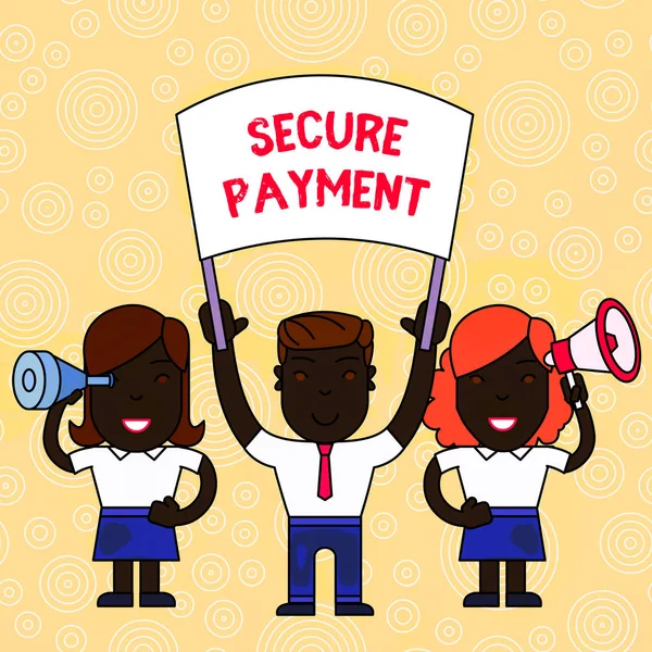 Word writing text Secure Payment. Business concept for Security of Payment refers to ensure of paid even in dispute People with Blank Banner, Megaphone and Spy Glass Peaceful Demonstration. — Stock Photo, Image