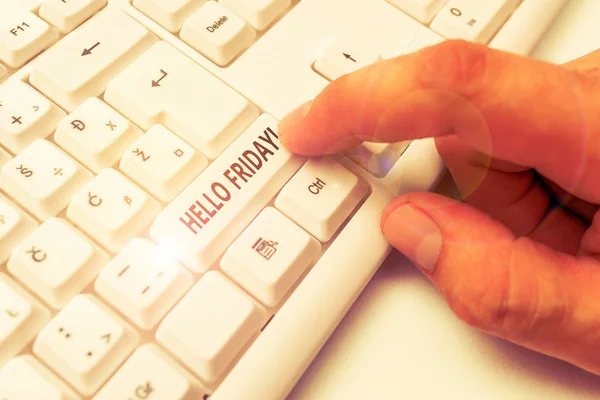 Text sign showing Hello Friday. Conceptual photo used to express happiness from beginning of fresh week White pc keyboard with empty note paper above white background key copy space.