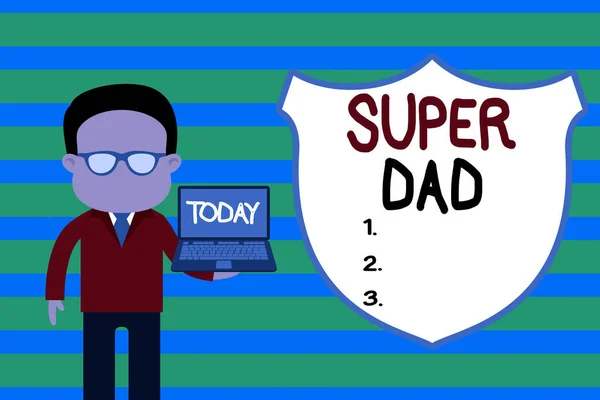 Konzeptionelle Handschrift, die Super-Papa zeigt. Geschäftstext Kinderidol und Superheld eine Inspiration für den Mann im Anzug mit Brille und offenem Laptop Fotokunst. — Stockfoto