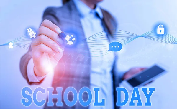 stock image Writing note showing School Day. Business photo showcasing starts from seven or eight am to three pm get taught there Female human wear formal work suit presenting smart device.