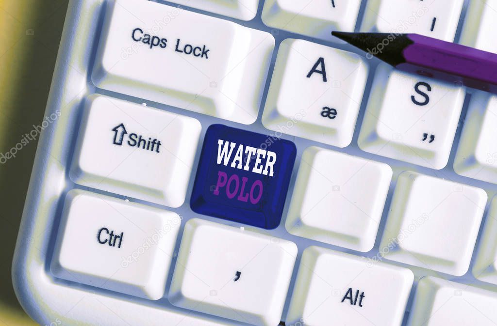 Text sign showing Water Polo. Conceptual photo competitive team sport played in the water between two teams White pc keyboard with empty note paper above white background key copy space.