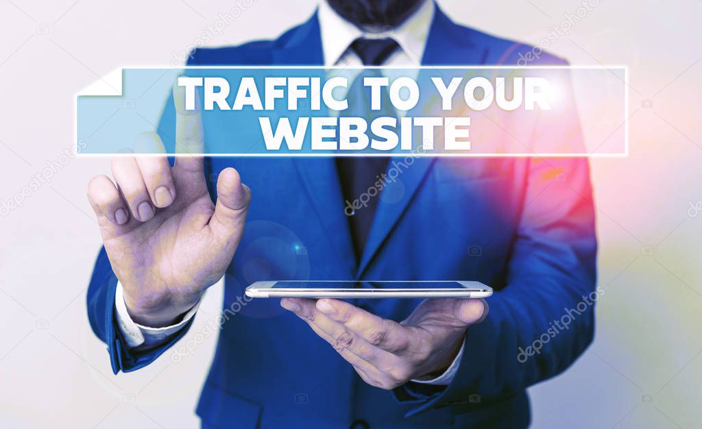 Handwriting text Traffic To Your Website. Concept meaning Lifeblood of online business more Potential Leads Businessman with pointing finger in front of him.