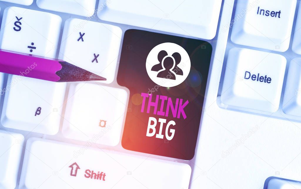 Text sign showing Think Big. Conceptual photo To plan for something high value for ones self or for preparation White pc keyboard with empty note paper above white background key copy space.