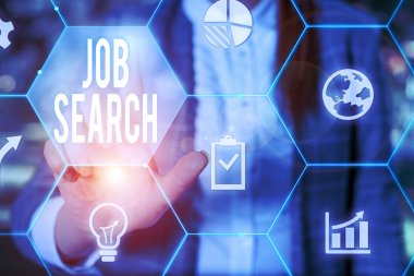 İş Araması 'nı gösteren metin işareti. Kavramsal fotoğraf. Mesleğine uygun bir iş bulduğunu gösteren bir gösteri. Kadın giyimi sunum için resmi iş elbisesi..