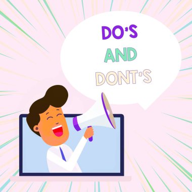 Do S Ve Dont S Is. İş fotoğraf metin danışmanlık Kuralları veya bazı faaliyet Man Loudhailer Bubble Içine Laptop aracılığıyla Konuşan ilgili gösteren Kavramsal el yazma.