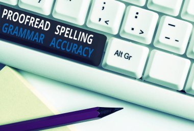 Writing note showing Proofread Spelling Grammar Accuracy. Business photo showcasing Grammatically correct Avoid mistakes White pc keyboard with note paper above the white background. clipart