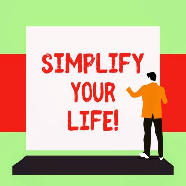 El yazısı metin yazma Hayatınızı Basitleştirin. Kavram anlamı önemli odaklı ve başkasının daha az olanlar hakkında endişelenmesine izin Geri görünüm genç adam boş dikdörtgen bakan platform ayakta takım elbise giymiş.