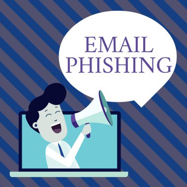 El yazısı metin yazma E-posta Phishing. Kavramı Loudhailer Boş Konuşma Bubble Announce içine Laptop aracılığıyla malware Man Speaking dağıtmak web sitelerine bağlantı olabilir E-postalar anlamı.
