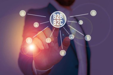B2b B2c 'yi gösteren not yazılıyor. Outlook hesaplarına e-posta göndermek için iki tür iş fotoğrafı gösterilir: Erkek resmi iş elbisesi giyer ve sunum akıllı aygıtı sunar.