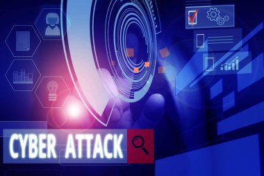 Siber Saldırı'yı yazan el yazısı metin. Kavram hackerlar tarafından girişimi zarar veya bir bilgisayar ağı yok Erkek insan akıllı cihaz kullanarak sunum sunan resmi iş elbisesi giymek.