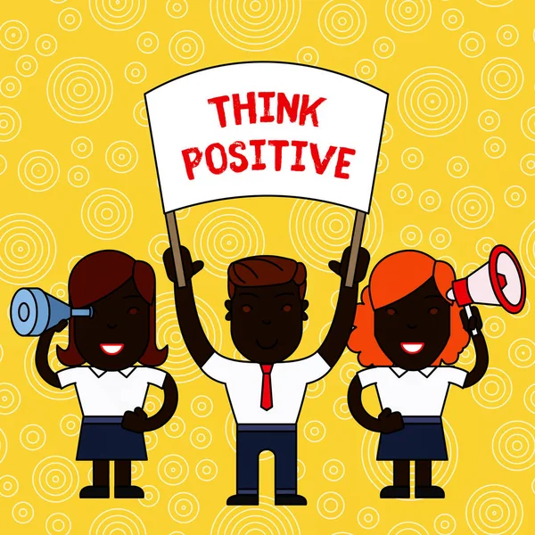 Woord tekst schrijven denk positief. Bedrijfsconcept voor de neiging om positief of optimistisch te zijn in houding mensen met lege banner, megaphone en Spy Glass vreedzame demonstratie. — Stockfoto