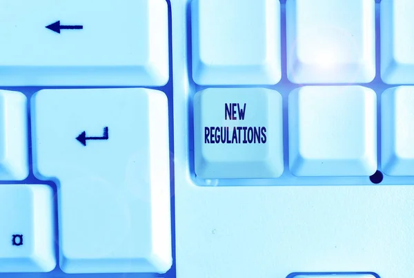 Word writing text New Regulations question. Business concept for rules made government order to control way something is done White pc keyboard with empty note paper above white background key copy sp