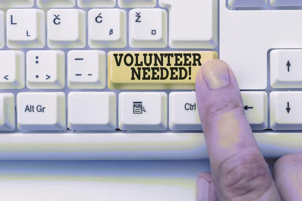 Word writing text Volunteer Needed. Business concept for need work for organization without being paid White pc keyboard with empty note paper above white background key copy space.