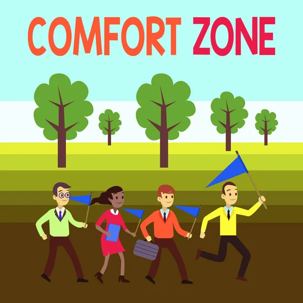 Word writing text Comfort Zone. Business concept for place or situation where one feels safe and without stress People Crowd Flags Pennants Headed by Leader Running Demonstration Meeting.