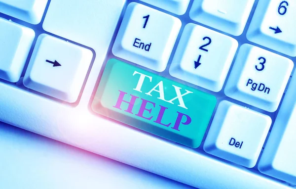 Text sign showing Tax Help. Conceptual photo Assistance from the compulsory contribution to the state revenue White pc keyboard with empty note paper above white background key copy space. — Stock Photo, Image