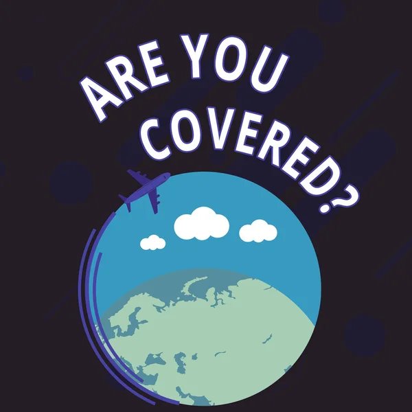 Texto de escritura de palabras ¿Está cubierto Pregunta. Concepto de negocio para preguntar mostrando si tenían seguro en el trabajo o la vida Avión con Ícono en Movimiento Volando alrededor de colorido globo y espacio de texto en blanco . — Foto de Stock