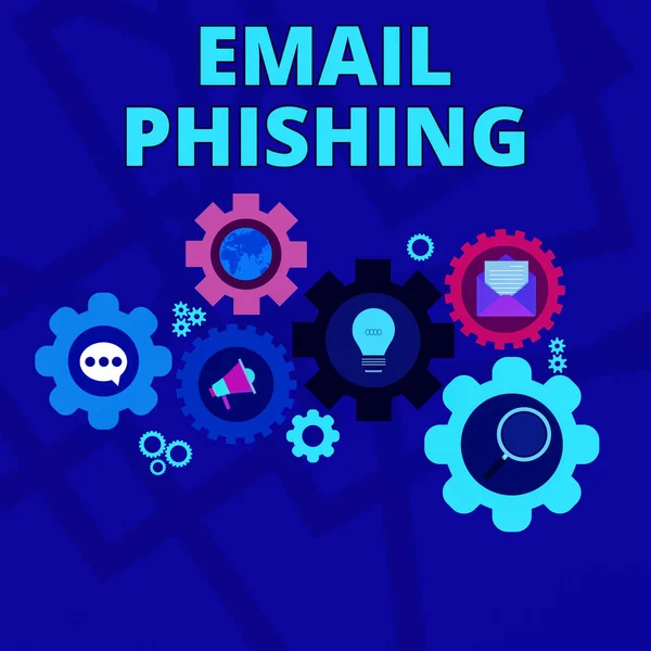 Texto de escritura de palabras Email Phishing. Concepto de negocio para correos electrónicos que pueden enlazar a sitios web que distribuyen malware Conjunto de iconos de redes sociales globales en línea dentro de coloridos engranajes de rueda de engranaje . — Foto de Stock