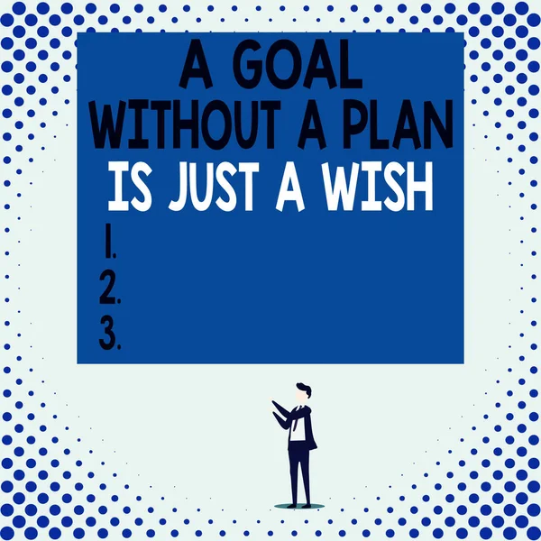 Handwriting text A Goal Without A Plan Is Just A Wish. Concept meaning Make strategies to reach objectives Isolated view young man standing pointing upwards two hands big rectangle. — Stock Photo, Image