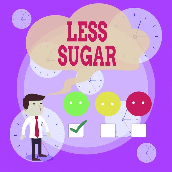 Σημείωση γραφής που δείχνει λιγότερη ζάχαρη. Επαγγελματική φωτογραφία που προβάλλει χαμηλότερη ποσότητα γλυκύτητας σε οποιοδήποτε τρόφιμο ή ποτό που τρώμε λευκό ερωτηματολόγιο έρευνα ικανοποίηση επιλογή πράσινο τσιμπούρι. — Φωτογραφία Αρχείου