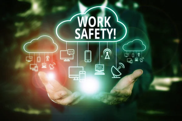 Writing note showing Work Safety. Business photo showcasing policies and procedures in place to ensure health of employees Male wear formal work suit presenting presentation smart device. — Stock Photo, Image
