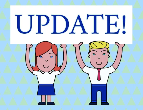 Text sign showing UPDATE. Conceptual photo make something more modern or up to date like software program Two Smiling People Holding Big Blank Poster Board Overhead with Both Hands.