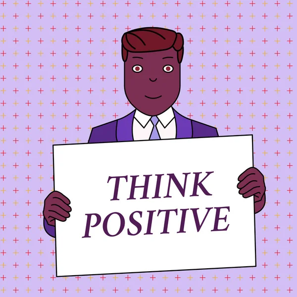 Tekstin kirjoittaminen Ajattele positiivisesti. Liiketoimintakonsepti taipumus olla positiivinen tai optimistinen asenne Hymyilevä Man Holding Formal Suit Big Blank Juliste Board edessä itse . — kuvapankkivalokuva