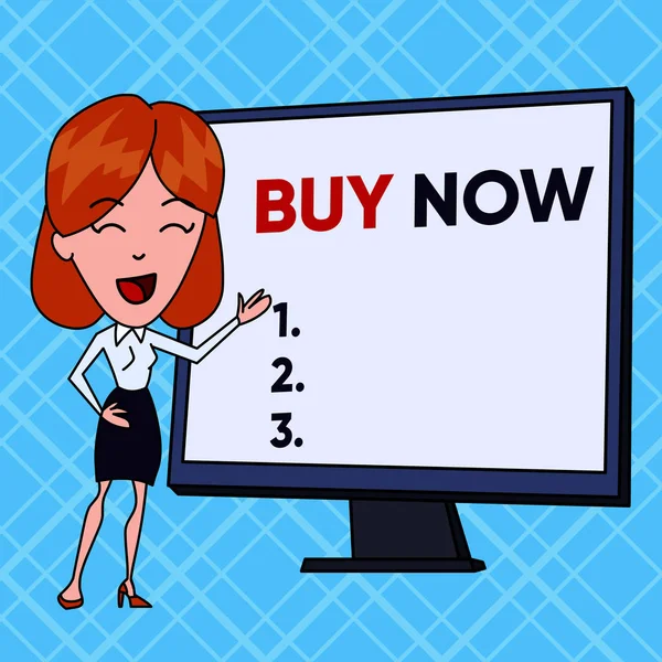 Text sign showing Buy Now. Conceptual photo asking someone to purchase your product Provide good Discount White Female in Standing Pointing Blank Screen Whiteboard Presentation. — Stock Photo, Image