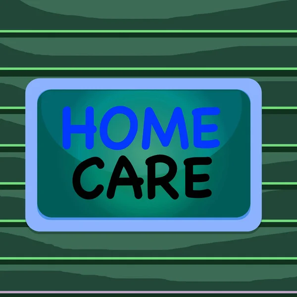 Conceptual hand writing showing Home Care. Business photo showcasing Place where showing can get the best service of comfort rendered Board rectangle white frame empty fixed color surface plank. — Stock Photo, Image