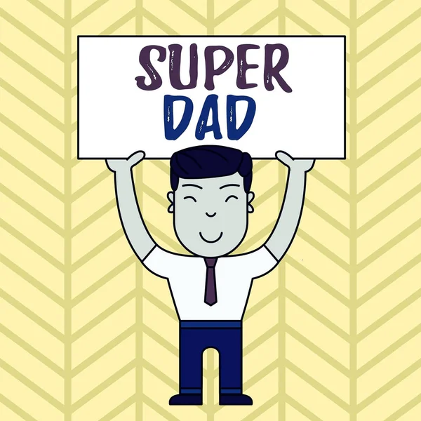 Textschild mit Super-Papa. konzeptionelles Foto Kinderidol und Superheld eine Inspiration für einen lächelnden Mann, der mit beiden Händen ein großes leeres Plakat über dem Kopf hält. — Stockfoto